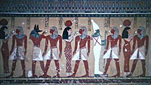 Knig mit Hathor, Anubis und Osiris